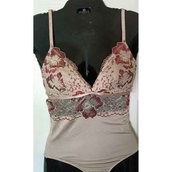 Auden V-neck Lace Bodysuit Sz Small Light Taupe Padded Lacey Strappy Back New - Picture 4 of 7